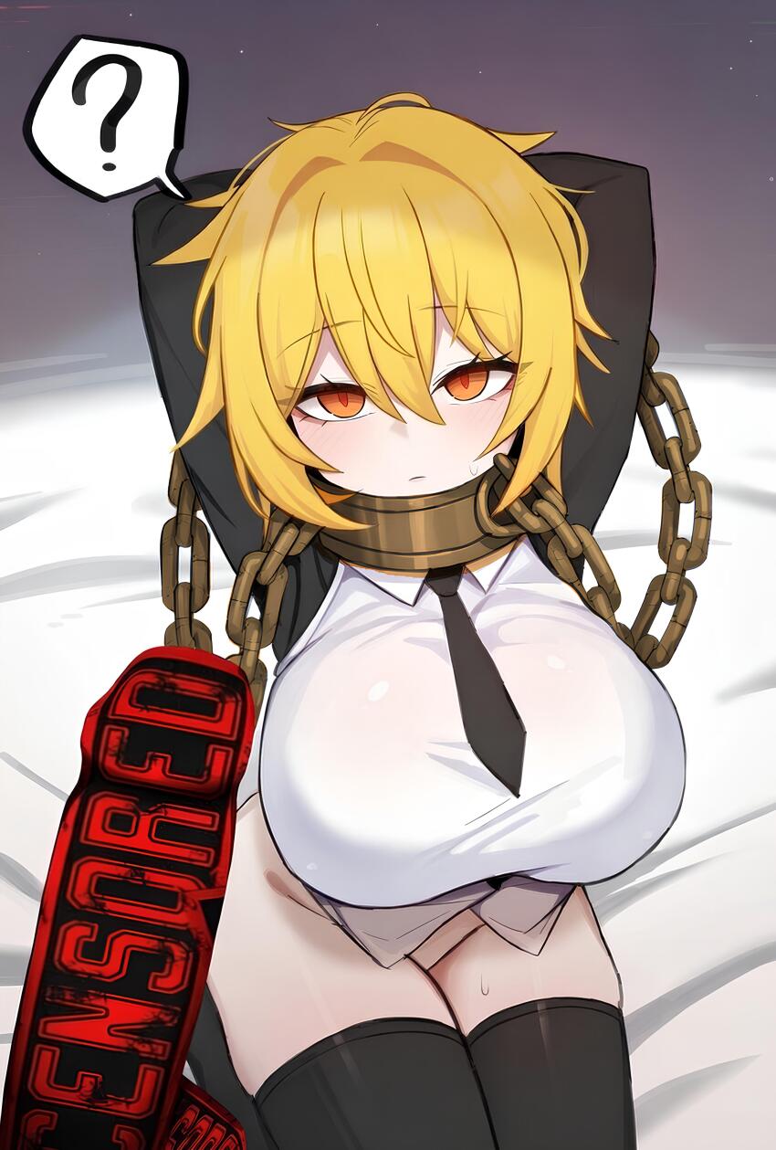 1boy 1girl ? absurdres arms_behind_head black_necktie black_thighhighs blonde_hair blush bottomless bound bound_wrists breasts censored censored_(project_moon) chain closed_mouth commentary_request don_quixote_(project_moon) erection eyelashes hair_between_eyes hair_intakes hetero highres huge_breasts index_(identity)_(project_moon) kisa_(leg3043) korean_commentary limbus_company lobotomy_corporation looking_at_viewer necktie on_bed orange_eyes penis project_moon red_pupils short_hair sitting skindentation spoken_question_mark thighhighs