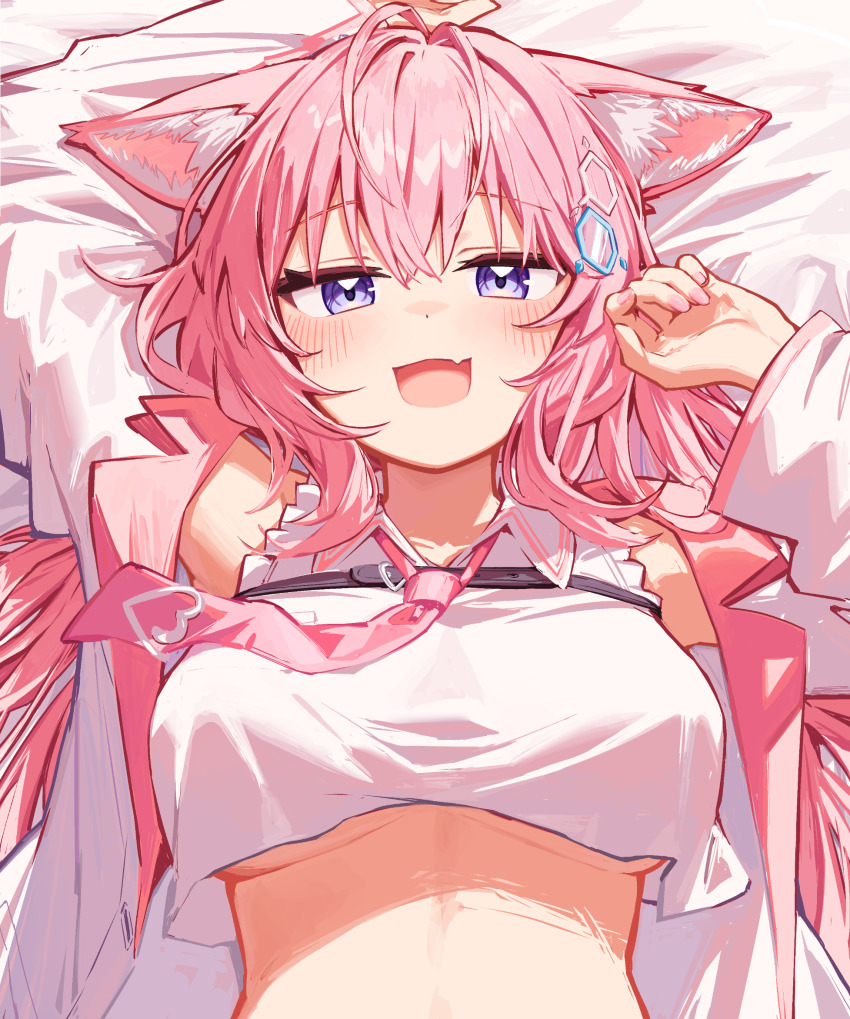 1girl :d animal_ears antenna_hair arm_up bed_sheet black_choker breasts chest_belt choker coat collared_shirt commentary cropped_shirt deaver double-parted_bangs fang frilled_shirt frills hakui_koyori hakui_koyori_(1st_costume) hand_up hexagon_hair_ornament highres hololive lab_coat lapels large_breasts looking_at_viewer lying necktie notched_lapels on_back open_mouth pink_hair pink_necktie purple_eyes shirt sidelocks skin_fang sleeveless sleeveless_shirt smile solo underboob upper_body virtual_youtuber white_coat white_shirt wolf_ears wolf_girl
