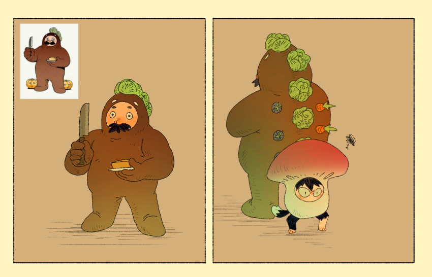 1boy 1girl back-to-back blush cabbage carrot constricted_pupils curious cutystuffy dungeon_meshi dwarf facial_hair full_body golem_costume highres holding holding_plate izutsumi looking_ahead mushroom_costume mustache official_alternate_costume plate reference_inset senshi_(dungeon_meshi) split_screen standing thick_mustache