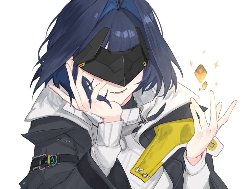 1girl absurdres arknights arknights:_endfield blue_hair commentary cosplay endministrator_(arknights) english_commentary eye_mask fangs female_endministrator_(arknights) female_endministrator_(arknights)_(cosplay) hair_intakes highres hololive hololive_english hunk_404 long_sleeves mask open_mouth ouro_kronii simple_background solo tongue virtual_youtuber white_background zipper_pull_tab