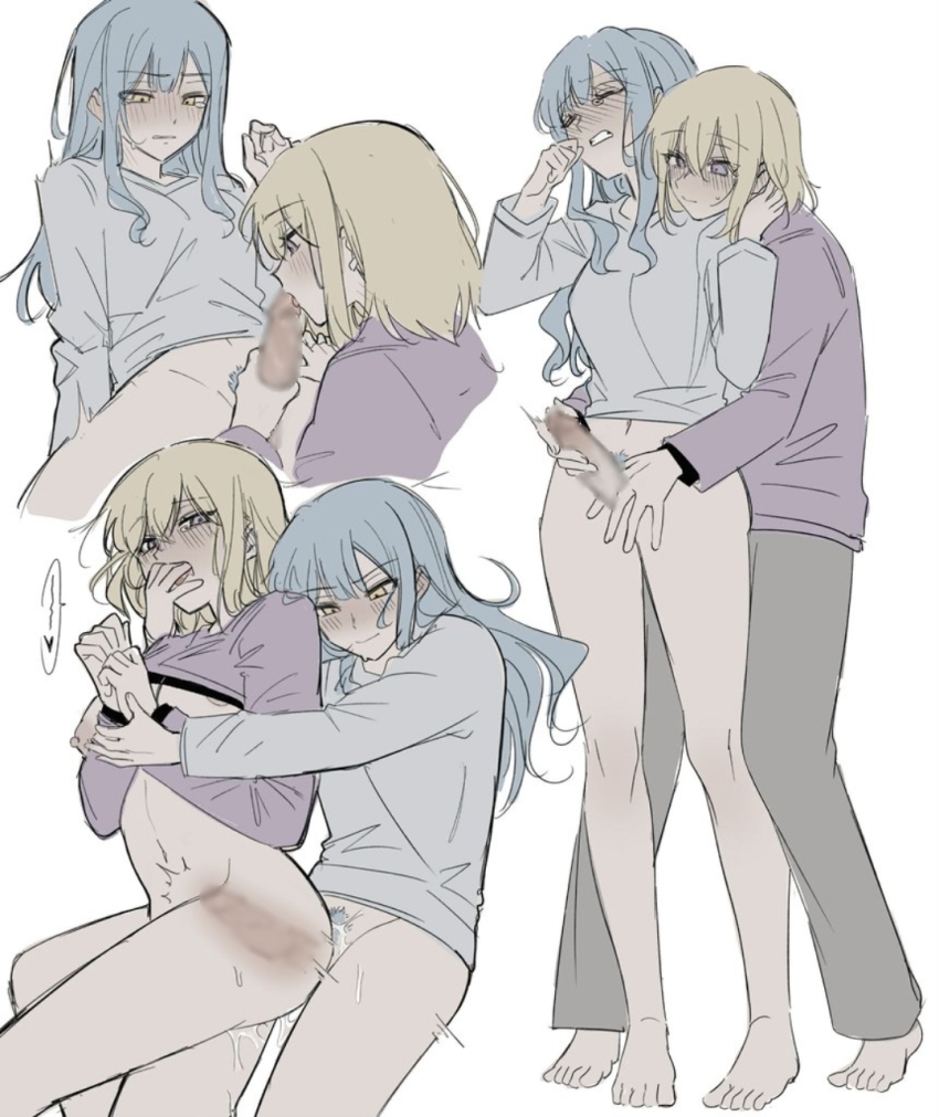 17aijo 2girls bad_source bang_dream! bang_dream!_it's_mygo!!!!! barefoot blonde_hair blue_hair bottomless censored colored_pubic_hair commentary fellatio female_pubic_hair futa_with_female futanari grey_shirt handjob highres long_hair long_sleeves medium_hair misumi_uika multiple_girls oral penis pubic_hair purple_eyes purple_shirt sex shirt sidelocks simple_background togawa_sakiko white_background x-ray yellow_eyes