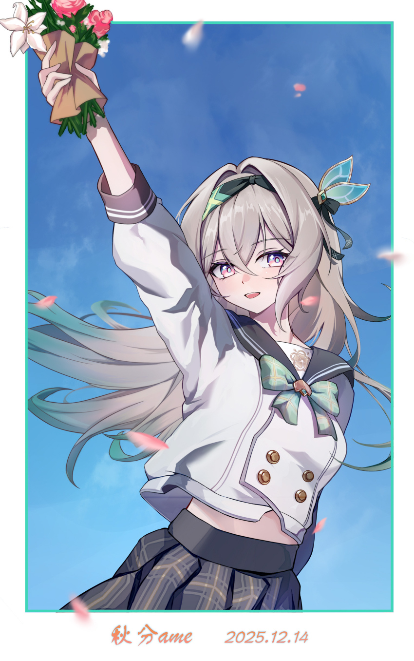 1girl absurdres arm_up black_hairband black_sailor_collar bow commentary_request firefly_(honkai:_star_rail) firefly_(spring_missive)_(honkai:_star_rail) flower gradient_hair green_bow green_hair grey_hair grey_skirt hair_between_eyes hair_ornament hairband highres holding holding_flower honkai:_star_rail honkai_(series) midriff multicolored_hair official_alternate_costume open_mouth pink_flower plaid_bow plaid_clothes plaid_skirt sailor_collar school_uniform serafuku shubun_(user_gxsx8757) skirt smile white_flower