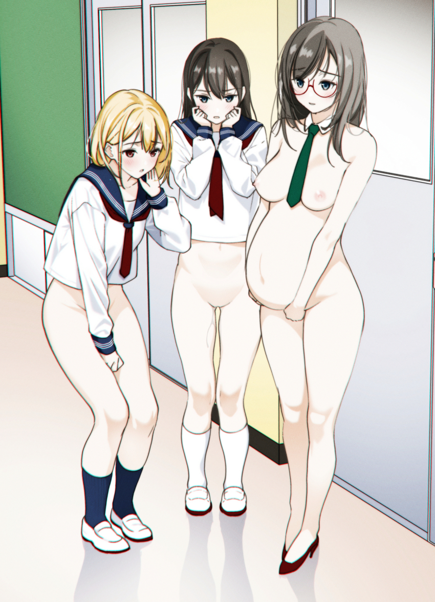 3girls age_difference black_hair blonde_hair blush bottomless breasts classroom embarrassed flat_chest glasses gusset high_heels loli moonsorrow multiple_girls no-pubic_hair nude original pregnant pussy_juice school_uniform serafuku small_breasts tagme teacher thigh_gap