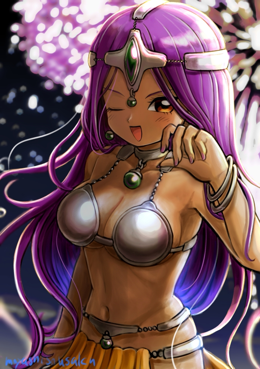 1girl aerial_fireworks bangle blurry blurry_background bracelet breasts brown_eyes circlet cleavage collarbone commentary dancer dancer's_costume_(dq) dark-skinned_female dark_skin dragon_quest dragon_quest_iv fireworks gem green_gemstone harem_outfit highres jewelry large_breasts light_blush long_hair looking_at_viewer manya_(dq4) moyapippi navel neck_ring one_eye_closed open_mouth pelvic_curtain purple_hair solo stomach twitter_username underboob