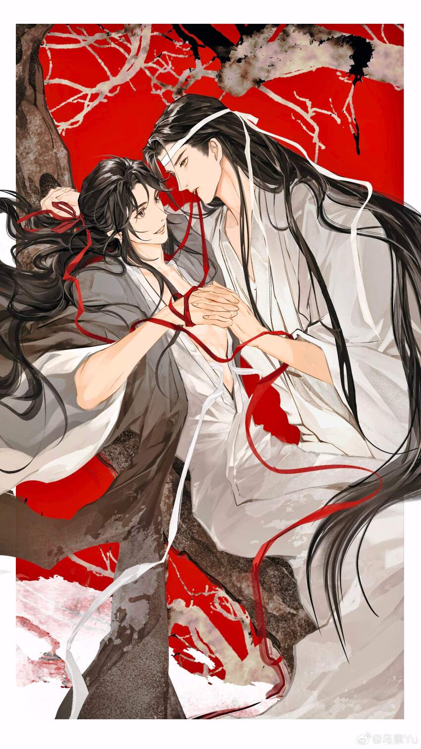 2boys absurdres alternate_costume bare_tree black_hair border branch chinese_clothes chinese_commentary coat commentary_request couple eye_contact eyeshadow face-to-face grey_coat grey_eyeshadow grin hair_down hair_ribbon half_updo hanfu headband highres holding_hands in_tree interlocked_fingers lan_wangji long_hair long_sleeves looking_at_another makeup male_focus modao_zushi mouth_hold multiple_boys official_alternate_hairstyle open_clothes open_coat parted_lips pectoral_cleavage pectorals profile red_background red_ribbon ribbon ribbon_in_mouth robe sidelocks sitting sitting_in_tree smile tree very_long_hair wei_wuxian wei_wuxian_(yiling_laozu) white_hanfu white_headband wide_sleeves wusuoyu566 yaoi yellow_eyes