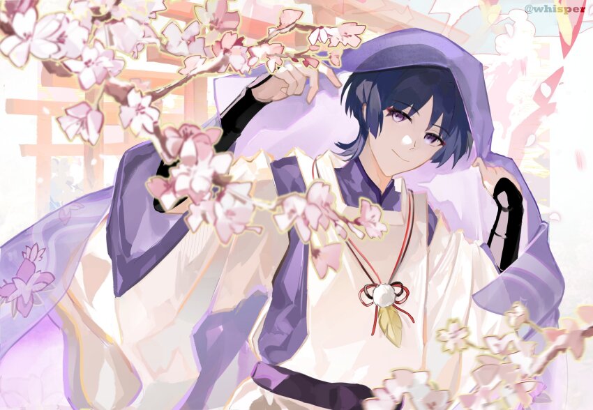 1boy armor black_hair blunt_ends cherry_blossoms closed_mouth clothing_cutout commentary eyeliner feathers floral_print floral_print_veil flower genshin_impact hands_up highres japanese_armor japanese_clothes kariginu kimono kote kurokote layered_sleeves long_sleeves looking_at_viewer makeup male_focus mandarin_collar multiple_torii outdoors pink_flower pom_pom_(clothes) purple_eyes purple_kimono purple_sash purple_sleeves purple_veil red_eyeliner sash scaramouche_(genshin_impact) scaramouche_(kabukimono)_(genshin_impact) side_cutout smile solo string symbol-only_commentary torii twitter_username upper_body veil whisper_(suisuibingtang) white_sleeves yellow_feathers