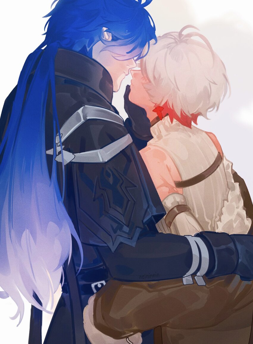 2boys ahoge bare_shoulders blue_hair commentary covered_eyes detached_sleeves english_commentary flins_(genshin_impact) fur_trim genshin_impact highres illuga_(genshin_impact) imminent_kiss jacket long_sleeves looking_at_another male_focus multiple_boys neininein scar scar_on_arm white_background yaoi