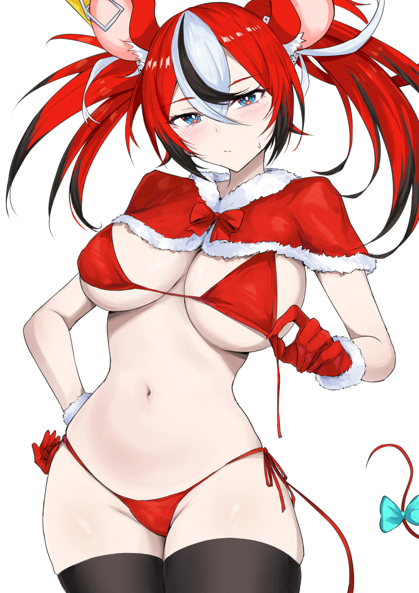 1girl animal_ears bikini black_hair black_thighhighs blue_eyes bow breasts commentary cowboy_shot gloves hakos_baelz highres hololive hololive_english large_breasts looking_at_viewer mouse_ears mouse_girl mouse_tail multicolored_hair navel red_bikini red_gloves red_hair sakiya_(sak1_01) santa_bikini santa_costume simple_background solo stomach streaked_hair swimsuit symbol-only_commentary tail tail_bow tail_ornament thighhighs twintails virtual_youtuber white_background white_hair