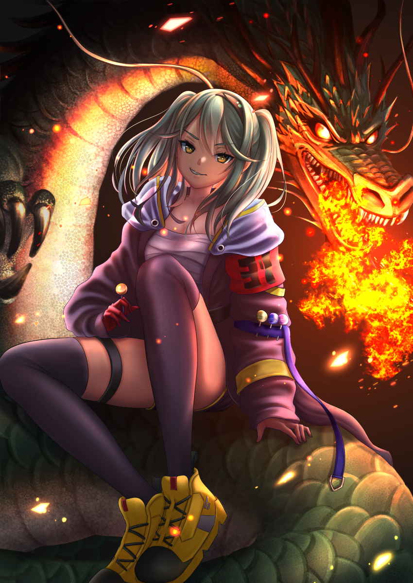 1girl absurdres arm_at_side armband black_jacket black_shorts black_thighhighs breath_weapon breathing_fire brown_eyes candy commentary convenient_leg cross-laced_shoes dragon eastern_dragon eyelashes fire food full_body gloves green_hair grin hair_between_eyes heaven_burns_red highres holding holding_candy holding_food holding_lollipop hood hood_down hooded_jacket jacket kepekki_kanojo knees_apart_feet_together kurozawa_maki legs lollipop long_hair looking_at_viewer open_clothes open_jacket red_armband red_gloves sharp_teeth shoes short_shorts shorts sitting sleeves_past_wrists smile smug solo teeth thigh_strap thighhighs thighs twintails v-shaped_eyebrows yellow_shoes