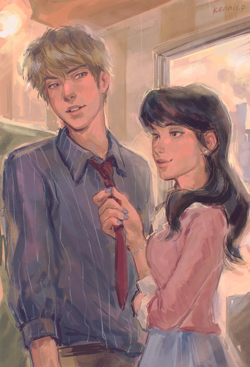 1boy 1girl aged_up black_hair blonde_hair blue_nails clothes_grab collared_shirt commentary english_commentary eye_contact hetero highres ken_nico looking_at_another lucy_van_pelt medium_hair necktie necktie_grab neckwear_grab peanuts_(comic) red_necktie schroeder_(peanuts) shirt short_hair