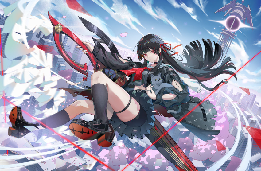 1girl absurdres arm_cutout black_hair black_jacket black_serafuku black_shirt black_shoes black_shorts black_skirt black_socks blue_sky bright_pupils chisa_(wuthering_waves) clothing_cutout commentary highres hodangdang_ok holding holding_sword holding_weapon jacket long_hair long_sleeves looking_at_viewer neckerchief outdoors red_eyes red_neckerchief school_uniform serafuku shirt shoes shorts shorts_under_skirt skirt sky socks solo sword tacet_mark_(wuthering_waves) thigh_strap tower weapon white_pupils wuthering_waves