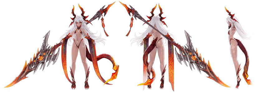 1girl ass bikini commentary_request dark-skinned_female dark_skin detached_sleeves dragon_girl dragon_horns dragon_tail highleg highleg_bikini holding holding_polearm holding_weapon horns long_hair multiple_views navel original polearm red_eyes reference_sheet shiny_skin strapless strapless_bikini swimsuit tail weapon white_background white_hair zhuore_zhi_hen