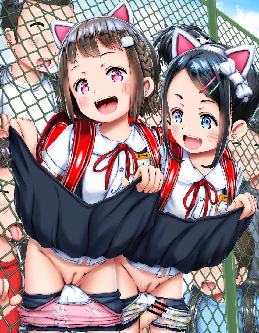 2girls animal_ears animal_print backpack bag black_gloves blush buruma buruma_pull censored cleft_of_venus clothes_lift clothes_pull erection exhibitionism fake_animal_ears fat_mons flashing flat_chest gloves higeepon highres kodomo_doushi loli multiple_boys multiple_girls name_tag outdoors panties panty_pull print_panties public_indecency rabbit_print randoseru school_uniform shota skirt skirt_lift small_penis smile tagme third-party_edit tongue tongue_out underwear