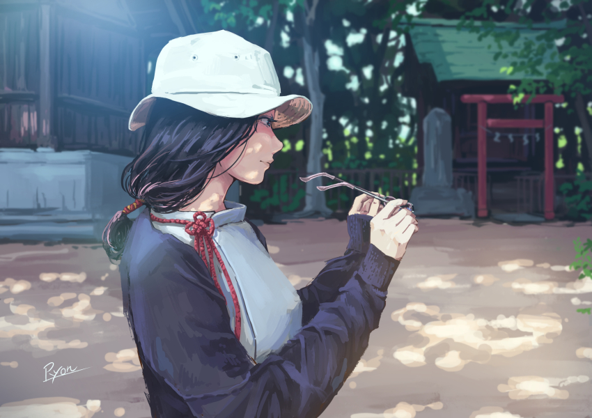 1girl artist_name black_hair black_jacket blurry blurry_background bucket_hat building closed_mouth commentary_request dappled_sunlight day depth_of_field from_side hands_up hat highres holding holding_removed_eyewear jacket long_hair long_sleeves open_clothes open_jacket original outdoors profile ryon40716441 shirt signature solo sunlight torii unworn_eyewear upper_body white_hat white_shirt