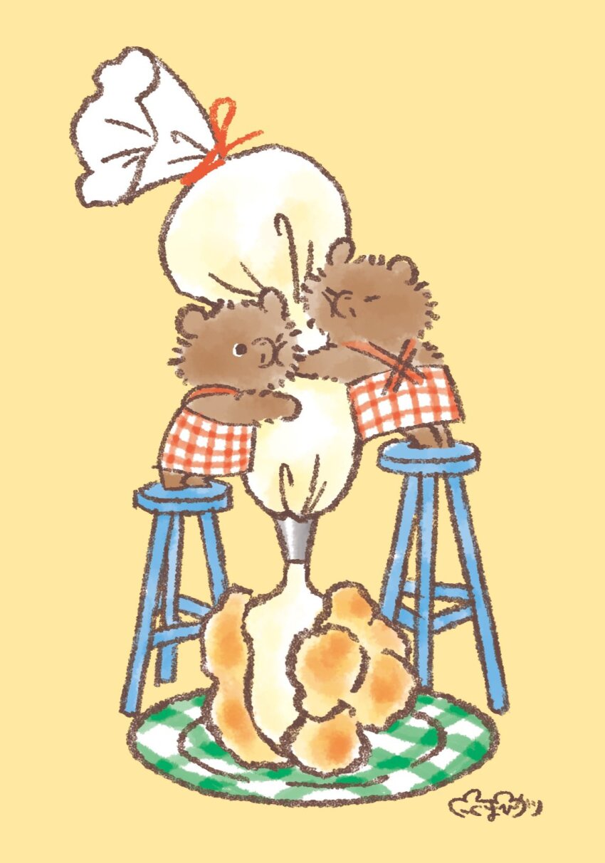 animal apron bear bear_cub commentary_request highres holding holding_pastry_bag icing koguma_hikari no_humans on_stool original pastry_bag plaid_apron plaid_clothes simple_background stool yellow_background