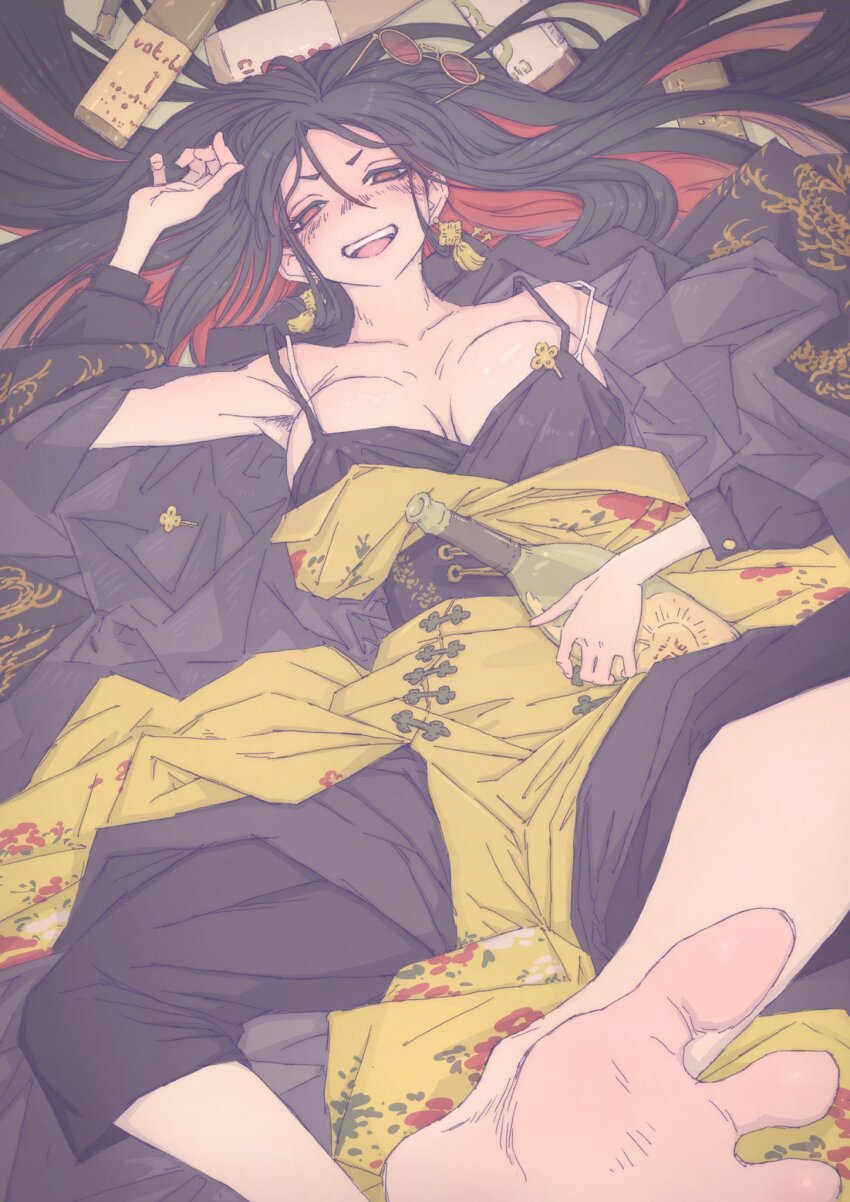 1girl alcohol bare_shoulders black_dress black_hair blush bottle bra_strap breasts breasts_apart collarbone commentary_request dress feet foot_focus from_above goddess_of_victory:_nikke highres holding holding_bottle large_breasts long_hair looking_at_viewer lying mero_(ilsttkgbz11) moran_(nikke) narrowed_eyes nose_blush off_shoulder on_back open_mouth red_eyes sleeveless sleeveless_dress solo spread_legs teeth unworn_eyewear upper_teeth_only white_straps wine_bottle