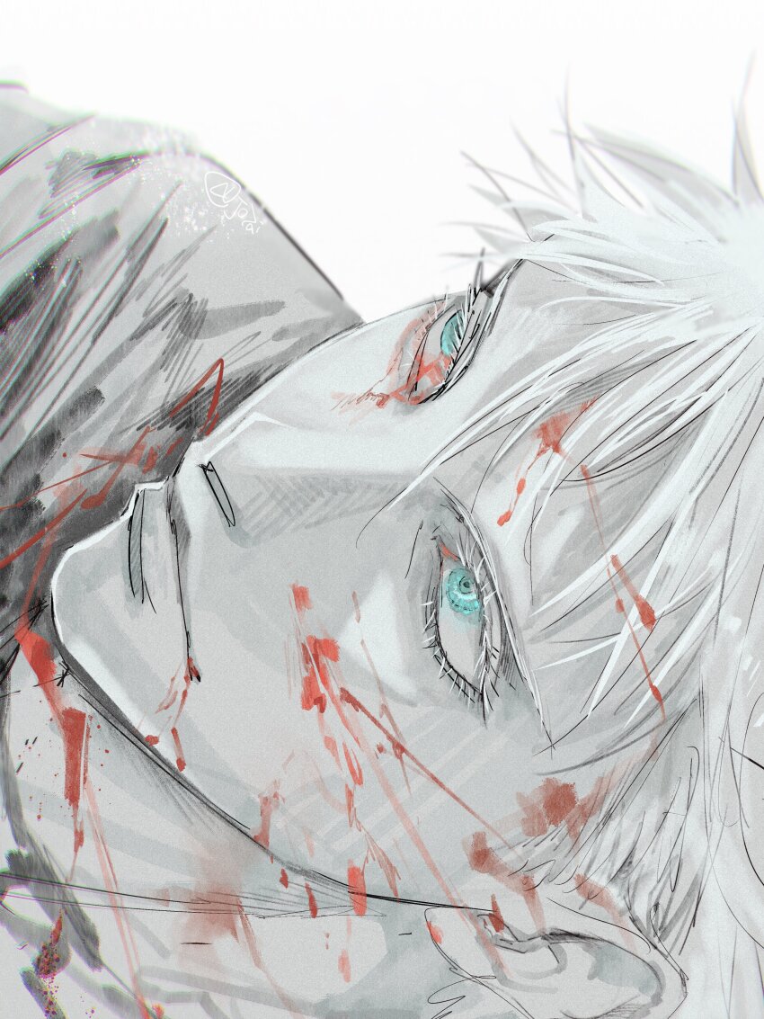 1boy absurdres blood blood_on_clothes blood_on_face blue_eyes closed_mouth eyelashes gojou_satoru greyscale highres jozpic jujutsu_kaisen male_focus monochrome short_hair simple_background solo spot_color white_background