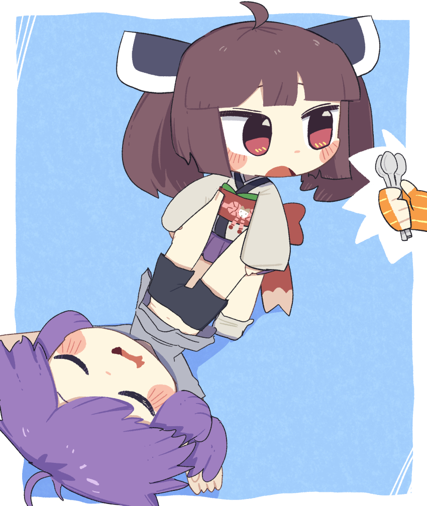 3girls ahoge black_shorts blue_background blunt_bangs blush_stickers border brown_hair chibi chibi_only closed_eyes commentary_request fingerless_gloves full_body gloves grey_shirt headgear highres holding holding_spoon japanese_clothes kimono kizuna_akari konohoshi long_sleeves lying multiple_girls navel on_back open_mouth orange_gloves out_of_frame outside_border pleated_skirt purple_hair purple_skirt red_eyes shirt short_hair shorts simple_background skirt socks spoon striped_clothes striped_gloves touhoku_kiritan vocaloid voiceroid white_border white_kimono white_socks wide_sleeves yuzuki_yukari