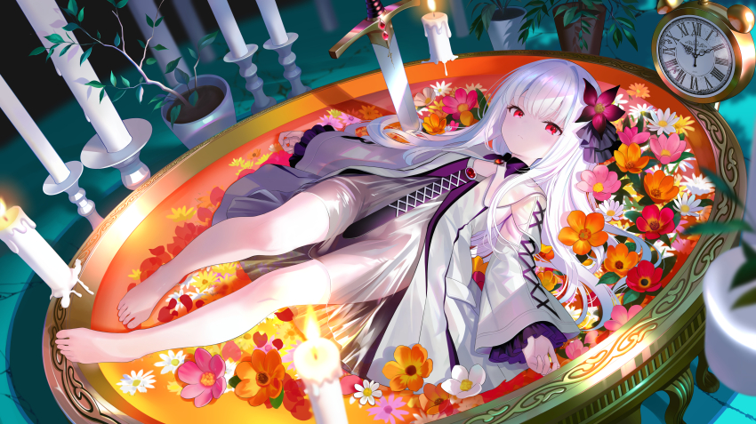 1girl absurdres alarm_clock analog_clock barefoot blush candle chinese_commentary clock closed_mouth commentary_request convenient_censoring dress flat_chest flower hair_flower hair_ornament highres loli long_hair long_sleeves looking_at_viewer lying no_panties on_back orange_flower original pink_flower plant planted planted_sword planted_weapon purple_flower red_eyes red_flower see-through_clothes see-through_dress solo sword weapon white_flower white_hair yellow_flower zhcx7832