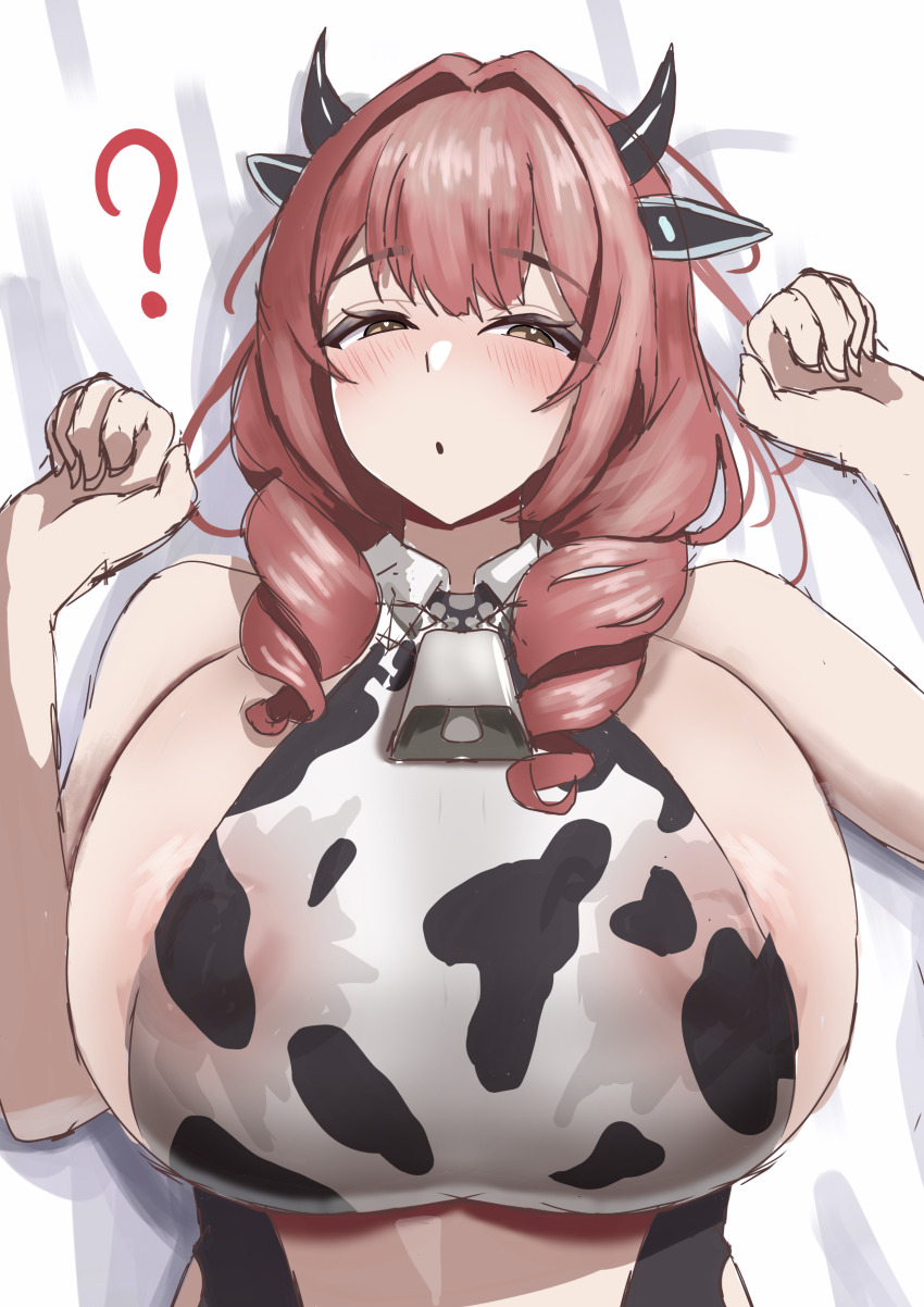1girl ? absurdres animal_ears animal_print areola_slip azur_lane bare_shoulders bell blush breasts brown_hair commentary covered_erect_nipples cow_ears cow_horns cow_print cowbell cowpens_(azur_lane) drill_hair english_commentary fake_animal_ears fake_horns highres horns huge_breasts loob looking_at_viewer lying medium_hair neck_bell on_back parted_lips sideboob sidelocks solo upper_body
