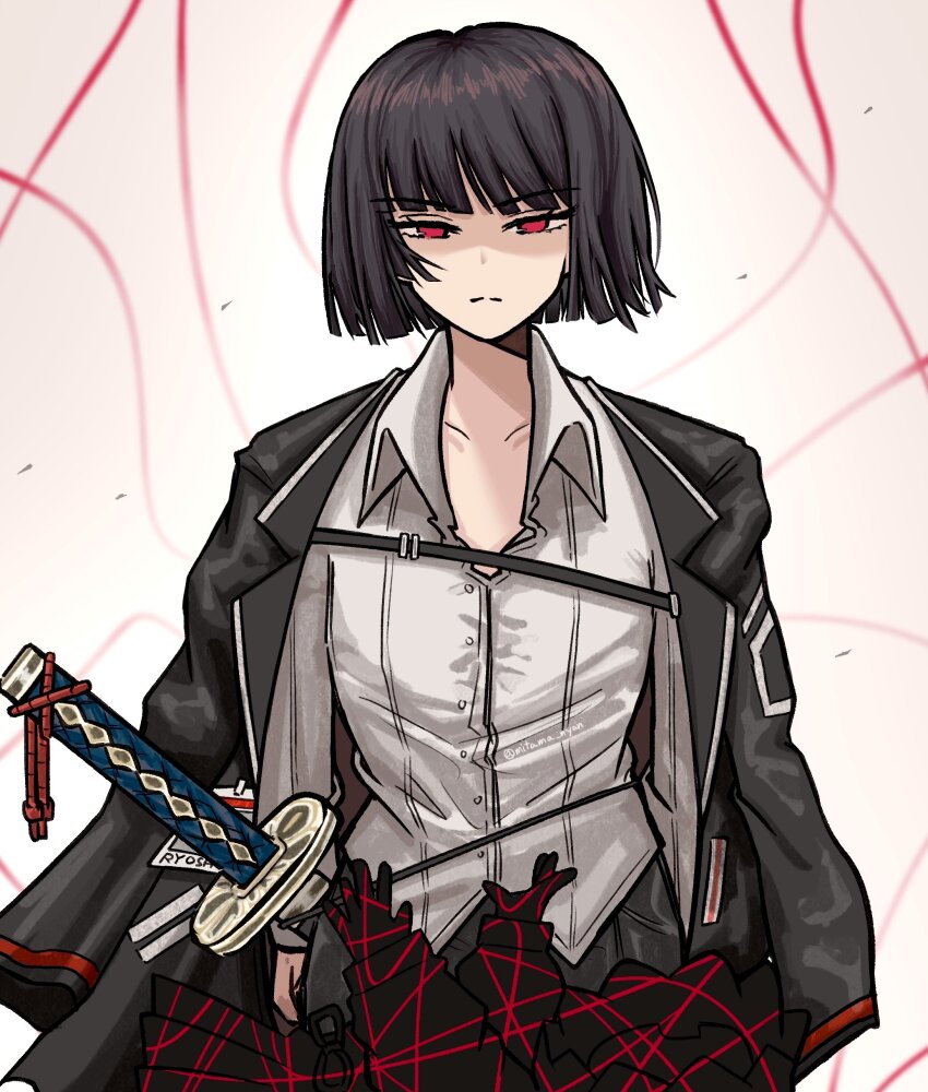 1girl absurdres black_hair black_jacket blunt_bangs blunt_ends collared_shirt commentary english_commentary highres jacket jacket_on_shoulders limbus_company mitama_nyan project_moon red_eyes ryoshu_(project_moon) sheath sheathed shirt short_hair solo standing string sword weapon white_background white_shirt