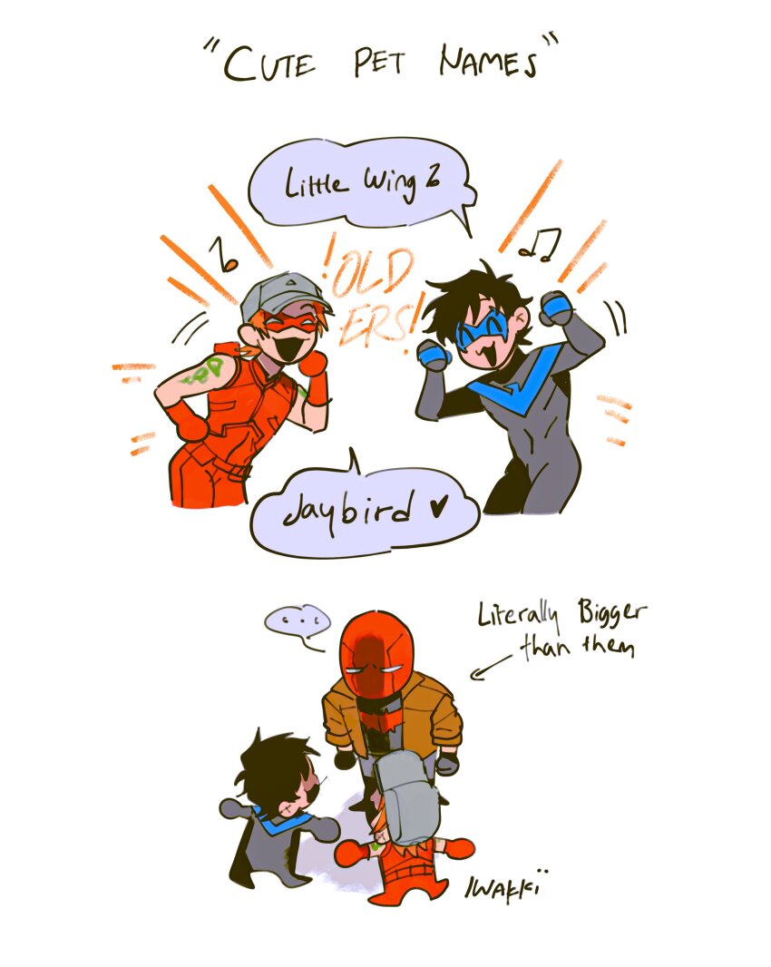 absurdres arsenal_(dc) baseball_cap bat_signal batman_(series) batman_symbol belt black_bodysuit black_gloves black_hair bodysuit brown_jacket chibi dc_comics dick_grayson domino_mask eye_mask gloves grey_bodysuit hat highres iwakki jacket jason_todd male_focus mask multicolored_bodysuit multiple_boys muscular muscular_male nightwing orange_hair pants red_bodysuit red_hood_(dc) red_hood_and_the_outlaws red_mask roy_harper short_hair superhero_costume taut_bodysuit two-tone_bodysuit utility_belt