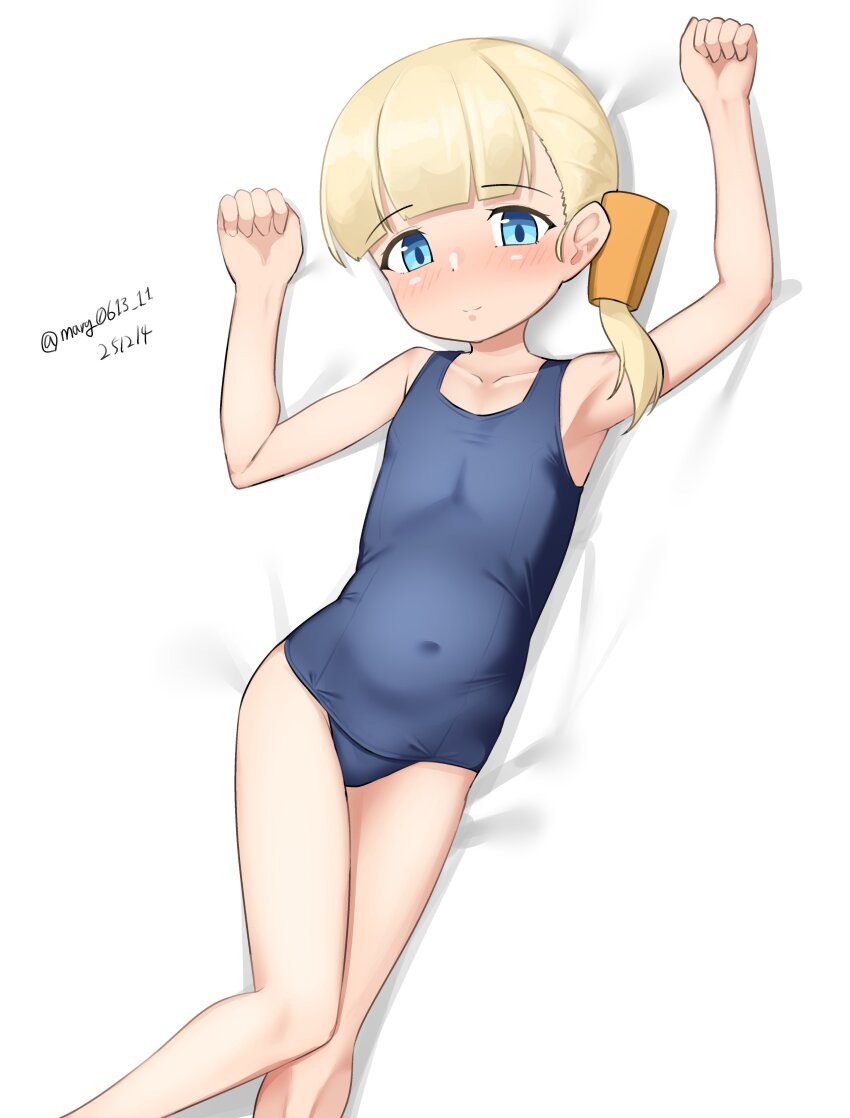 1girl absurdres blonde_hair blue_eyes blue_one-piece_swimsuit blunt_bangs breasts covered_navel dated feet_out_of_frame folded_ponytail highres kantai_collection loli long_hair looking_at_viewer lying maru_(marg0613) old_school_swimsuit one-hour_drawing_challenge one-piece_swimsuit school_swimsuit shin&#039;you_(kancolle) side_ponytail small_breasts solo swimsuit