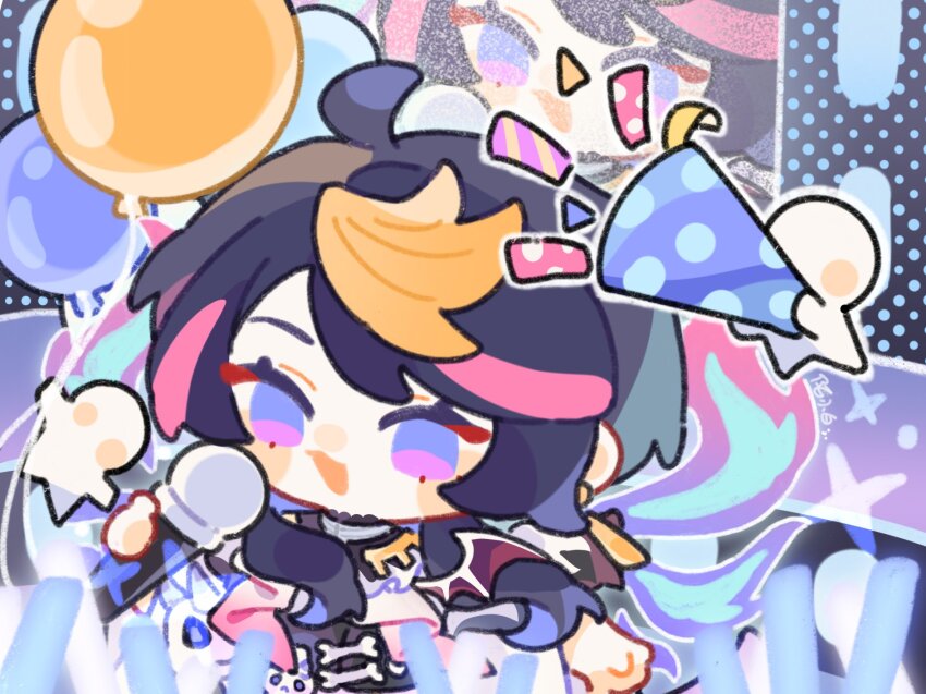 1boy balloon black_hair black_shirt blonde_hair blue_eyes chibi commentary glowstick highres holding holding_microphone holding_party_popper male_focus microphone multicolored_hair nijisanji nijisanji_en open_mouth outline party_popper penlight_(glowstick) pink_hair shirt shu_yamino shu_yamino_(2nd_costume) shuxingbuming_moxiaobai smile solo symbol-only_commentary virtual_youtuber yaminion_(shu_yamino) zoom_layer