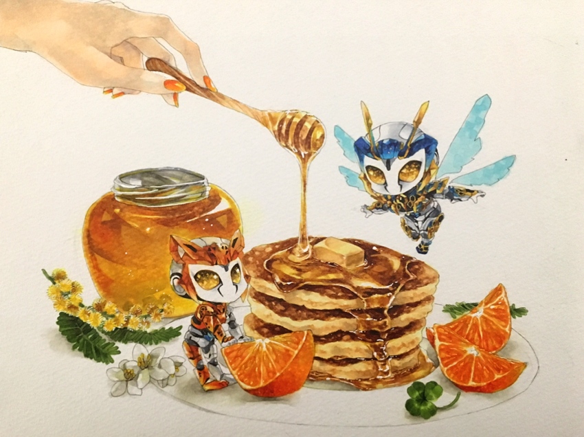 1girl 2girls arthropod_boy bee bottle bug cheetah chibi clone clover commentary female_focus flower food food_focus fruit full_body highres honey insect insect_wings kamen_rider kamen_rider_01_(series) kamen_rider_valkyrie kamen_rider_valkyrie_(lightning_hornet) kamen_rider_valkyrie_(rushing_cheetah) leaf marker_(medium) mini_person minigirl multiple_girls nail_polish orange_(fruit) orange_nails orange_slice out_of_frame pancake plant_request plate ruchi_(nxje5533) symbol-only_commentary traditional_media white_background white_flower wings