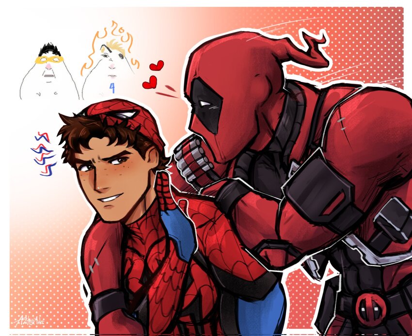 4boys animal_print aztexarts blue_bodysuit blush bodysuit deadpool deadpool_(series) fantastic_four fire highres iron_fist_(marvel) johnny_storm lin_lie_(marvel) marvel marvel_rivals mask_lift multicolored_bodysuit multiple_boys muscular muscular_male peter_parker red_bodysuit red_mask spider-man spider-man_(series) spider_print spider_web_print superhero_costume two-tone_bodysuit yaoi