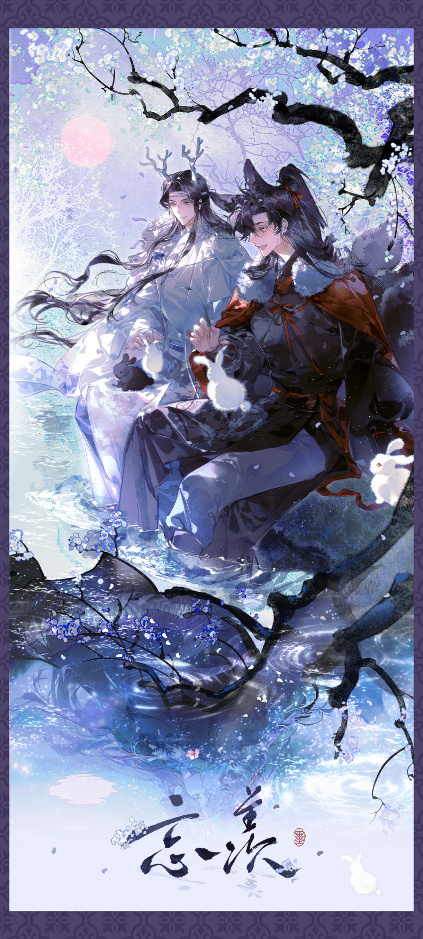 2boys absurdres ahoge animal animal_ears animal_on_lap bird bishounen black_hair black_hanfu black_rabbit_(animal) branch calligraphy cape chinese_clothes chinese_commentary chinese_text closed_mouth commentary_request commission couple different_reflection dragon_boy dragon_horns eastern_dragon_horns falling_petals flower fox_boy fox_ears fox_tail fur-trimmed_cape fur_trim grey_pants hair_ribbon hanfu headband high_ponytail highres horns kemonomimi_mode kiss kitsune kyuubi lan_wangji light_particles long_hair long_sleeves looking_at_another looking_down male_focus modao_zushi moon multiple_boys multiple_tails on_lap open_mouth outdoors outside_border pants petals ponytail profile purple_eyes rabbit red_cape red_ribbon red_sash reflection reflective_liquid ribbon ripples robe rock sash seal_impression second-party_source shan_you_ting_su sitting smile soaking_feet tail tree water wei_wuxian white_cape white_flower white_hanfu white_headband white_rabbit_(animal) wide_sleeves winter_clothes yaoi yellow_eyes