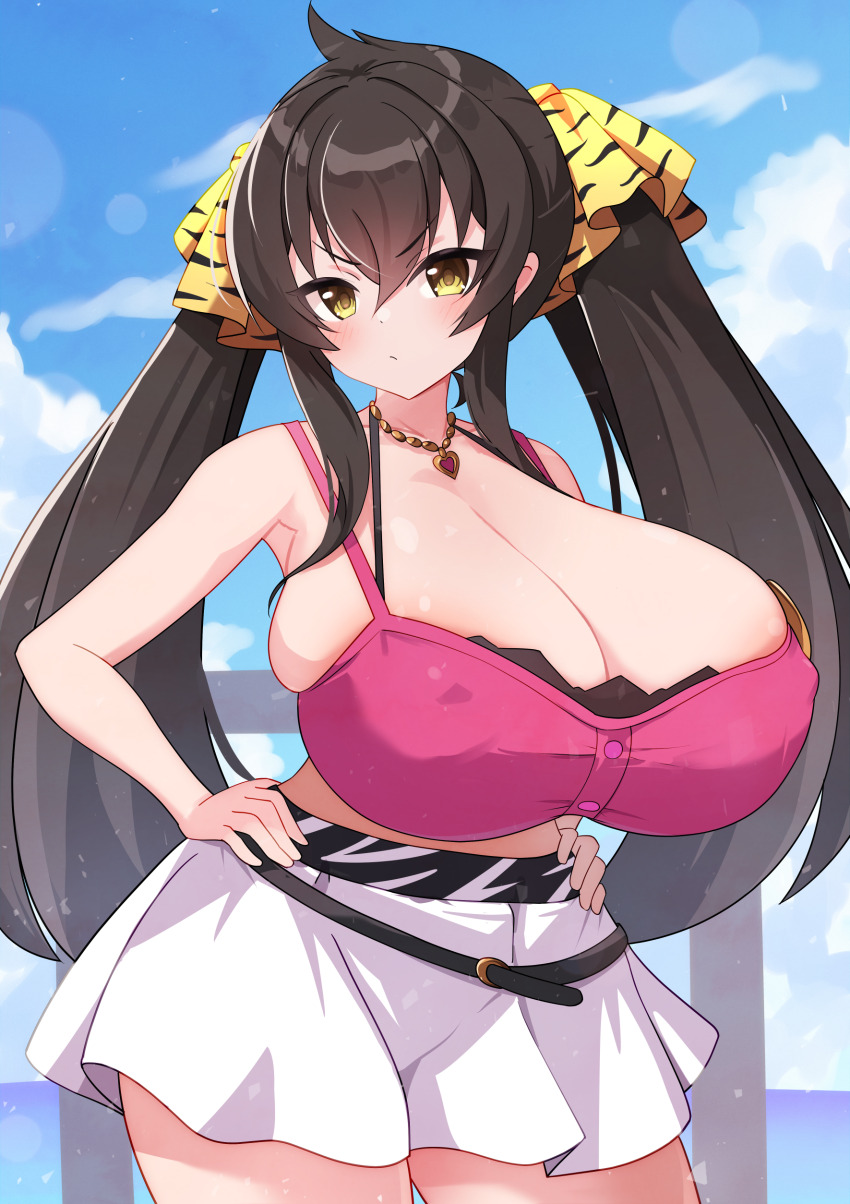 1girl absurdres alternate_breast_size_(larger) areola_slip bare_arms belt black_hair blue_sky breasts cleavage cloud collarbone commentary_request covered_erect_nipples curvy day hair_ribbon hands_on_own_hips highres horizon huge_breasts idolmaster idolmaster_cinderella_girls idolmaster_cinderella_girls_starlight_stage long_hair matoba_risa ocean outdoors railing red_shirt ribbon satoyama_meu shirt skirt sky sleeveless sleeveless_shirt solo twintails v-shaped_eyebrows very_long_hair white_skirt wide_hips yellow_eyes