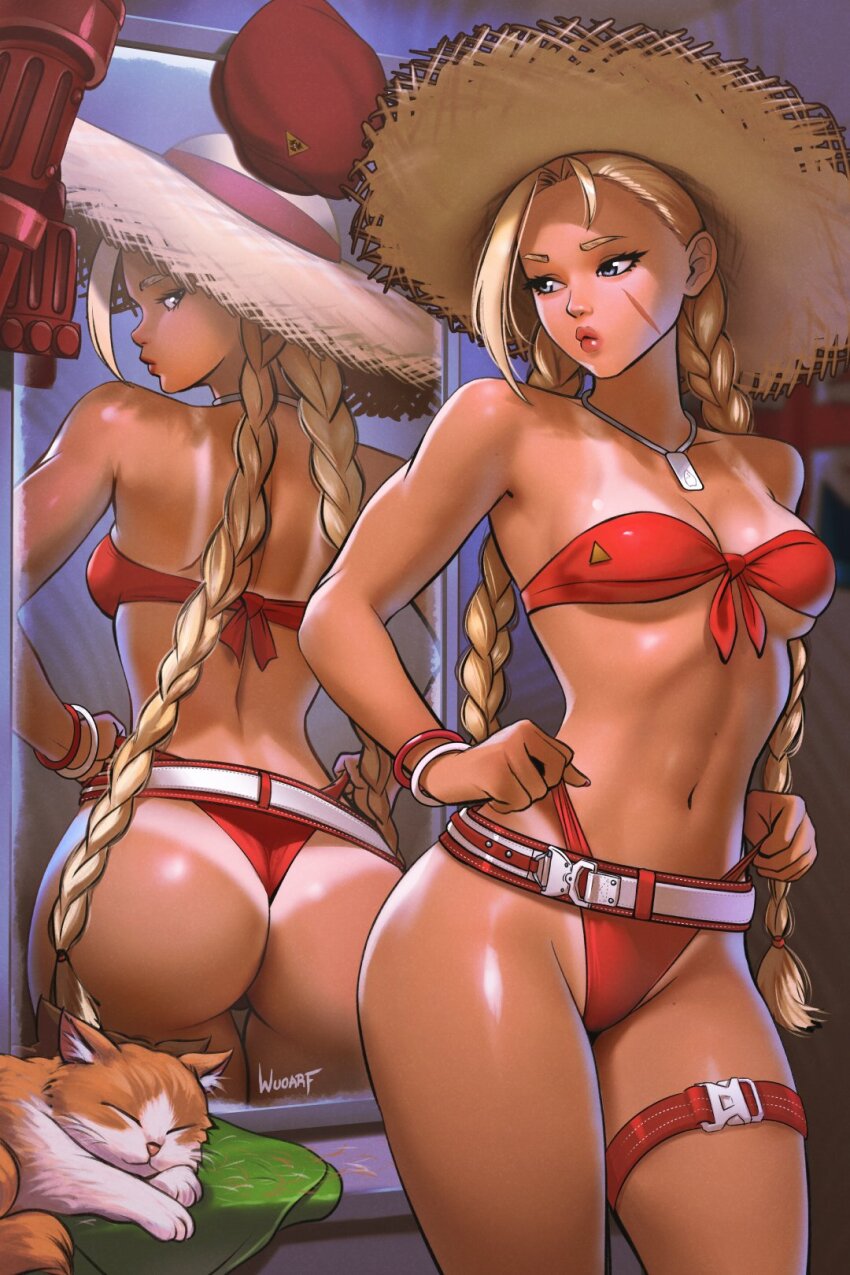 1girl alternate_color alternate_costume artist_name ass bikini blonde_hair braid breasts cammy_white capcom cat cleavage curvy dog_tags female_focus gloves hat highres huge_ass lips medium_breasts mirror navel official_alternate_costume red_bikini red_gloves reflection scar scar_on_face shiny_skin straw_hat street_fighter street_fighter_6 swimsuit thigh_strap thighs thong thong_bikini twin_braids unworn_gloves unworn_hat unworn_headwear wide_hips wuoarf
