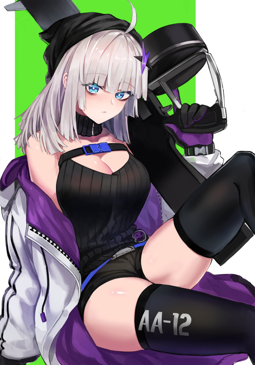 1girl aa-12 aa-12_(girls'_frontline) ahoge bags_under_eyes bare_shoulders black_gloves black_shorts black_sweater blue_eyes blush breasts buckle cleavage closed_mouth commentary drum_magazine feet_out_of_frame girls'_frontline gloves green_background grey_hair gun hair_ornament highres holding holding_gun holding_weapon hood hooded_jacket jacket large_breasts long_hair long_sleeves looking_at_viewer magazine_(weapon) nlitz off_shoulder open_clothes open_jacket purple_gloves purple_jacket ribbed_collar ribbed_sweater shorts shotgun simple_background sitting skindentation sleeveless sleeveless_sweater snap-fit_buckle solo star_(symbol) star_hair_ornament sweater thighhighs thighs third-party_source trigger_discipline two-sided_fabric two-sided_gloves two-sided_jacket weapon white_jacket zipper