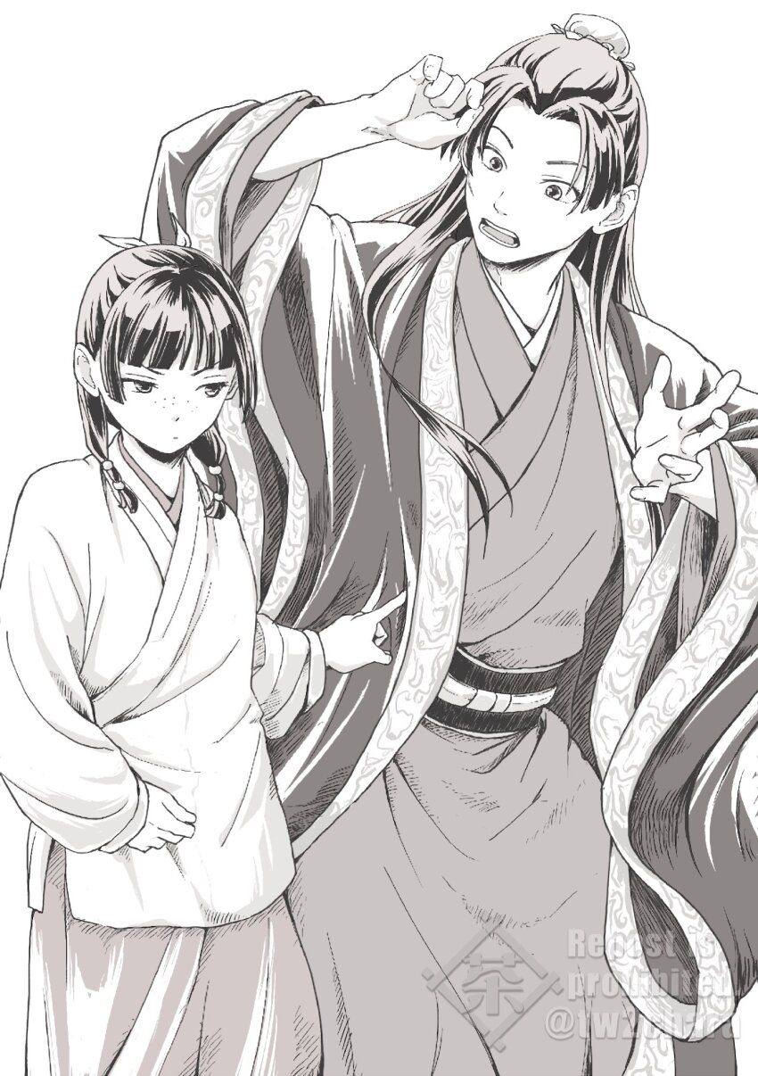 1boy 1girl beads blunt_bangs breasts bun_cover chara_no7 chinese_clothes commentary_request cowboy_shot facial_scar freckles furrowed_brow greyscale hair_beads hair_bun hair_ornament hair_over_shoulder hair_ribbon half_updo highres jinshi_(kusuriya_no_hitorigoto) kusuriya_no_hitorigoto long_skirt looking_at_another maomao_(kusuriya_no_hitorigoto) monochrome open_mouth parted_bangs ribbon scar scar_on_cheek scar_on_face skirt small_breasts twitter_username white_background wide_sleeves