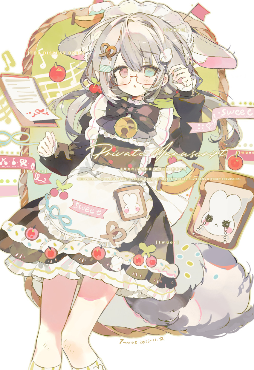 1girl animal_ears apron black_bow black_bowtie blush bow bowtie bread bread_slice commission dress flag food frills glasses hair_ornament headdress heterochromia highres long_sleeves looking_at_viewer maid maid_headdress mihuashi_commission musical_note original parted_lips rabbit_ears rabbit_girl semi-rimless_eyewear solo tail twuos watermark white_apron white_headdress wing_hair_ornament