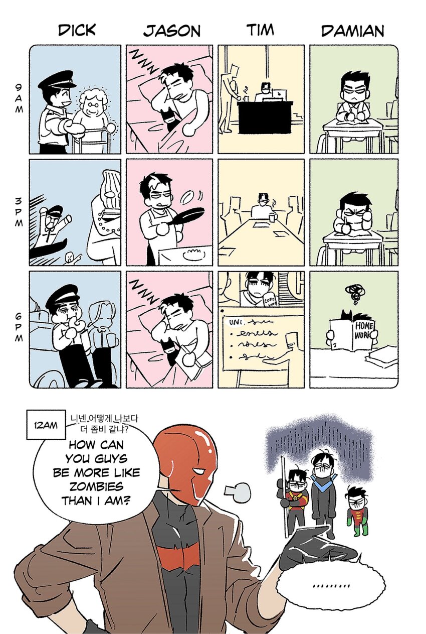 4boys abs bat_signal batman_(series) batman_symbol black_bodysuit black_gloves black_hair black_shirt bodysuit brothers brown_jacket busungm closed_mouth damian_wayne dc_comics dick_grayson english_text gloves grey_bodysuit highres jacket jason_todd long_sleeves male_focus multicolored_bodysuit multicolored_hair multiple_boys muscular muscular_male nightwing pectorals red_robin robin_(dc) shirt short_hair siblings tim_drake two-tone_hair white_hair