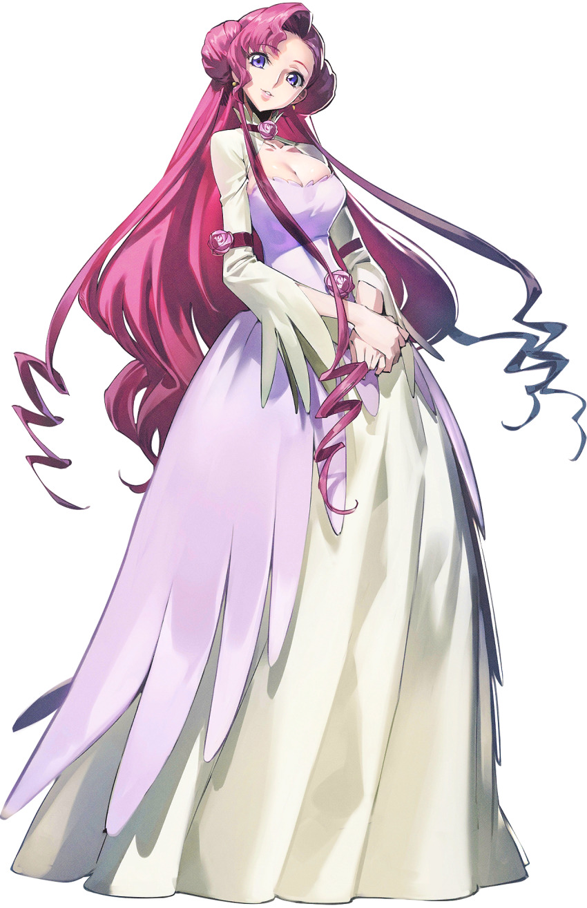 1girl armband artist_request blue_flower breasts circle_skirt cleavage cleavage_cutout clothing_cutout code_geass code_geass:_genesic_re;code dress earrings flower from_above full_body happy highres holding holding_flower jewelry long_dress long_hair long_sleeves looking_at_viewer medium_breasts neck_flower official_art pink_dress pink_flower pink_hair purple_eyes rose sidelocks simple_background smile solo standing transparent_background two-tone_dress very_long_hair wide_sleeves wind
