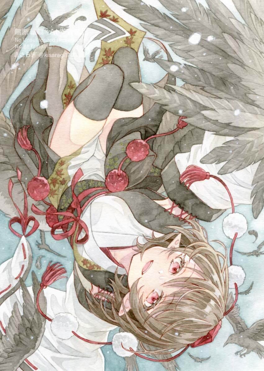 1girl bird black_sash black_thighhighs black_trim brown_hair commentary_request crow detached_sleeves falling_feathers feathered_wings feathers floating full_body hat highres japanese_clothes kimono kisarush kourindou_tengu_costume leaf_print legs_up long_sleeves looking_at_viewer maple_leaf_print obi obijime official_alternate_costume open_mouth outdoors outstretched_arms painting_(medium) pelvic_curtain pointy_ears red_eyes red_ribbon ribbon ribbon-trimmed_sleeves ribbon_trim sash shameimaru_aya short_hair side_slit smile solo spread_arms teeth thighhighs tokin_hat touhou traditional_media twisted_torso upper_teeth_only upside-down water watercolor_(medium) watermark white_kimono white_sleeves wide_sleeves wings