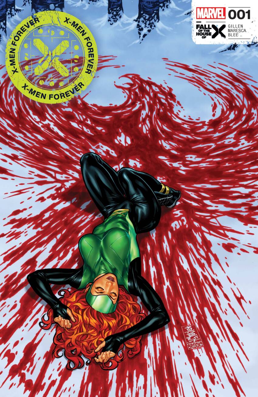 1girl absurdres black_bodysuit blood blood_on_snow bodysuit breasts closed_eyes comic_cover copyright_name cover cover_page english_text forehead_protector green_bodysuit highres jean_grey large_breasts logo long_hair lying mark_brooks marvel multicolored_bodysuit official_art on_back orange_hair outdoors parted_lips phoenix_(x-men) signature snow solo superhero_costume tree x-men