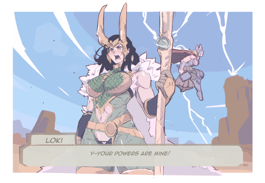 2girls armor black_hair blonde_hair blue_sky border breastplate breasts cape clothing_cutout commentary dialogue_box english_text fake_horns fur_cape green_armor green_eyes holding holding_scepter horned_headwear horns jane_foster lady_loki large_breasts lightning loki_(marvel) long_hair marvel marvel_rivals michel_teru mjolnir_(marvel) multiple_girls navel navel_cutout open_mouth red_cape scale_armor scepter sky superhero_costume thor_(jane_foster) thor_(marvel)_(series) toned toned_female white_border white_cape