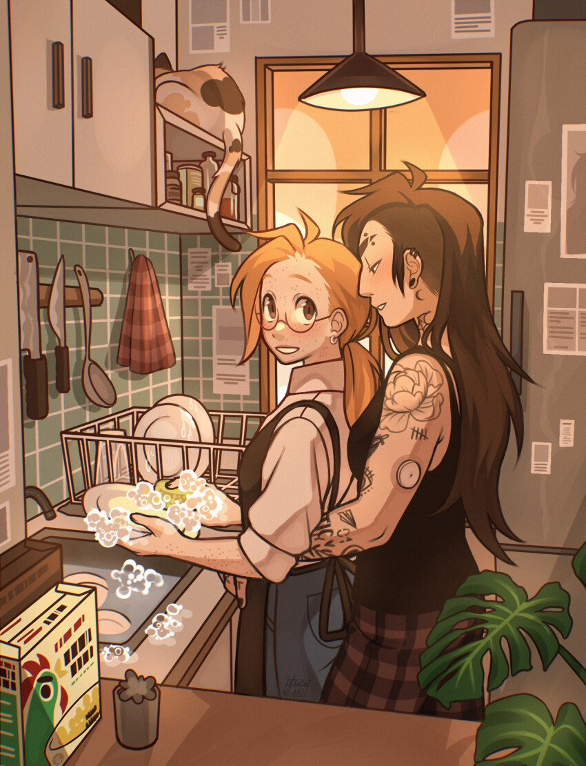 2girls apron arm_tattoo arms_around_waist asymmetrical_hair black_apron black_tank_top blue_pants breasts brown_eyes brown_hair cat cleaver commentary corn_flakes denim dishwashing ear_piercing english_commentary eyebrow_cut eyebrow_piercing face_piercing gluca highres holding holding_plate infusion_set jeans kitchen_knife knife long_hair medium_breasts multiple_girls orange_hair original pants piercing plant plate plug_(piercing) ponytail refrigerator shoulder_tattoo sidecut sink soap_bubbles tank_top tattoo undercut window yuri