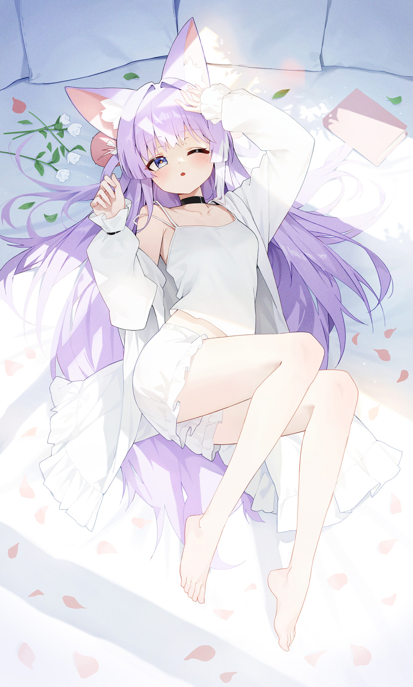 1girl ;o absurdres animal_ears arm_up bare_legs barefoot black_choker bloomers blue_eyes camisole choker commentary fox_ears hand_up highres jacket long_hair long_sleeves looking_at_viewer lying midriff_peek on_back one_eye_closed open_clothes open_jacket parted_lips purple_hair shirt shorts sleeveless sleeveless_shirt solo spaghetti_strap stellive tenko_shibuki underwear very_long_hair virtual_youtuber white_jacket white_shirt white_shorts yoba