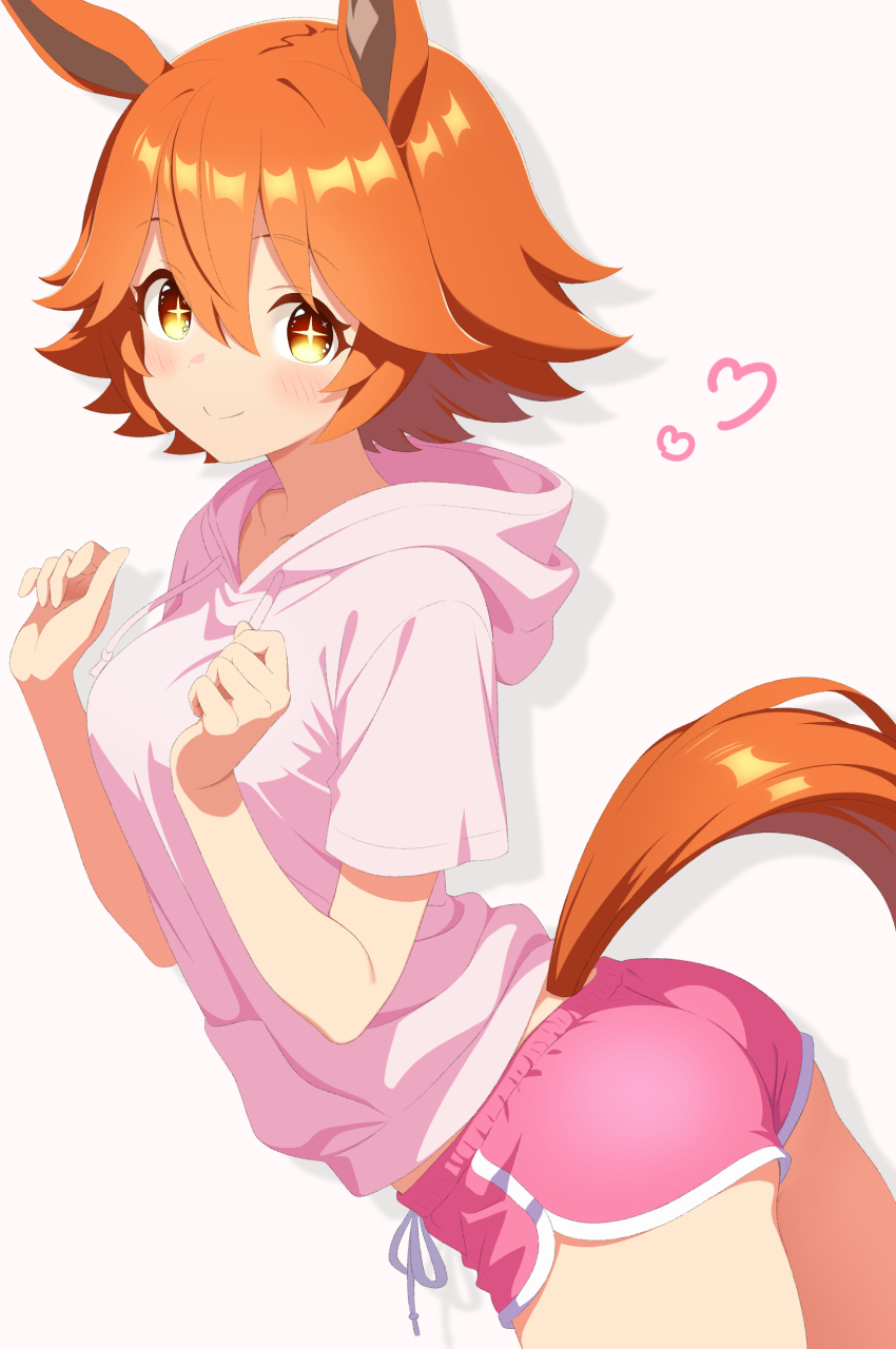 +_+ 1girl absurdres animal_ears ass blush breasts closed_mouth commentary_request dolphin_shorts flipped_hair hair_between_eyes hair_ornament heart highres hood hood_down hooded_jacket hoodie horse_ears horse_girl horse_tail jacket looking_at_viewer matikanefukukitaru_(umamusume) medium_breasts orange_hair pink_hoodie pink_shorts r1on_22 short_hair short_sleeves shorts simple_background smile solo star-shaped_pupils star_(symbol) symbol-shaped_pupils tail umamusume