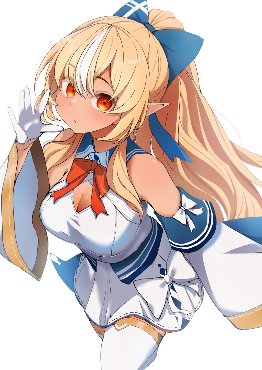 1girl blonde_hair breasts cleavage cleavage_cutout clothing_cutout commentary_request dark-skinned_female dark_elf dark_skin dress elf gloves highres hololive large_breasts long_hair looking_at_viewer pointy_ears ponytail red_eyes shiranui_flare shiranui_flare_(1st_costume) sleeves_past_fingers sleeves_past_wrists smile solo very_long_hair virtual_youtuber white_dress white_gloves white_streaks yamaki_(yamaki801)