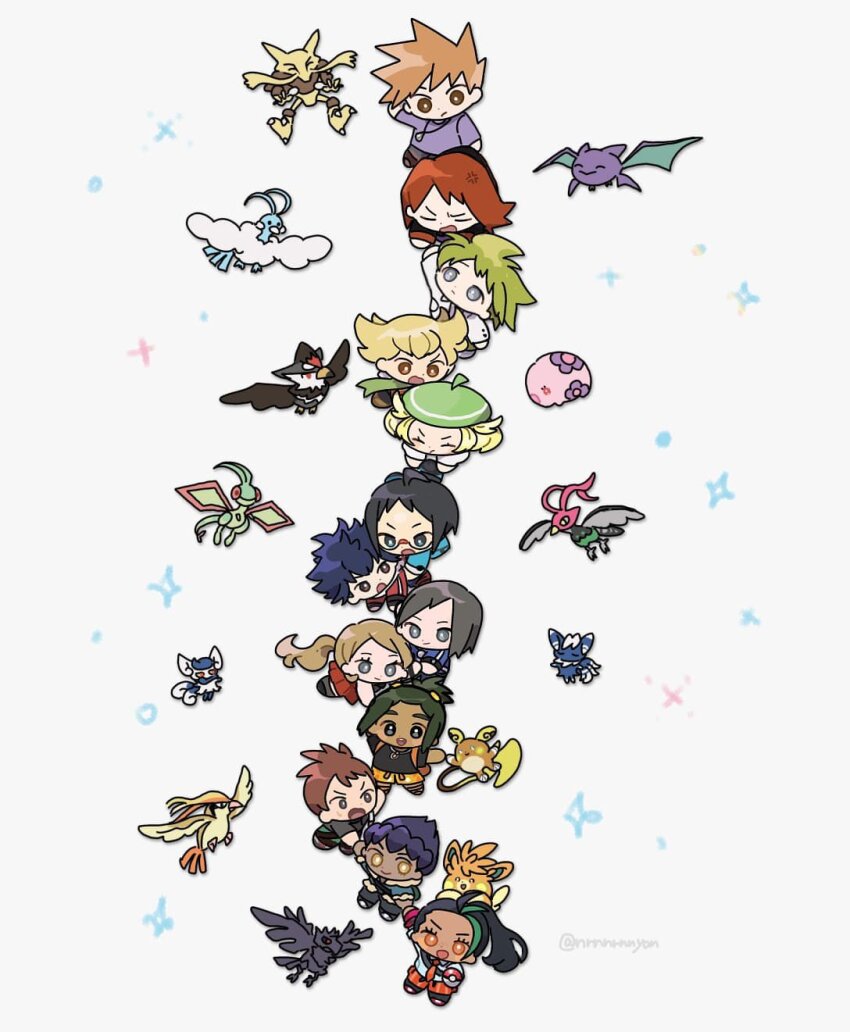 3girls 6+boys ahoge alakazam alolan_form alolan_raichu altaria anger_vein barry_(pokemon) beret bianca_(pokemon) black_hair blonde_hair blue_jacket blue_oak bright_pupils brown_eyes brown_hair calem_(pokemon) cheren_(pokemon) chibi closed_eyes closed_mouth corviknight crobat dark-skinned_male dark_skin eneko_(olavcnkrpucl16a) flygon gen_1_pokemon gen_2_pokemon gen_3_pokemon gen_4_pokemon gen_5_pokemon gen_6_pokemon gen_7_pokemon gen_8_pokemon glasses green_hair green_hat green_scarf grey_eyes hat hau_(pokemon) highres holding_hands hop_(pokemon) hugh_(pokemon) jacket meowstic meowstic_(female) meowstic_(male) multiple_boys multiple_girls munna nemona_(pokemon) nintendo open_mouth orange_eyes pawmot pidgeot poke_ball poke_ball_(basic) pokemon pokemon_(creature) pokemon_bw pokemon_bw2 pokemon_dppt pokemon_gsc pokemon_lgpe pokemon_rgby pokemon_rse pokemon_sm pokemon_sv pokemon_swsh pokemon_xy purple_shirt scarf serena_(pokemon) shirt shorts silver_(pokemon) skirt spiked_hair staraptor trace_(pokemon) twitter_username unfezant unfezant_(male) wally_(pokemon) white_background white_pupils