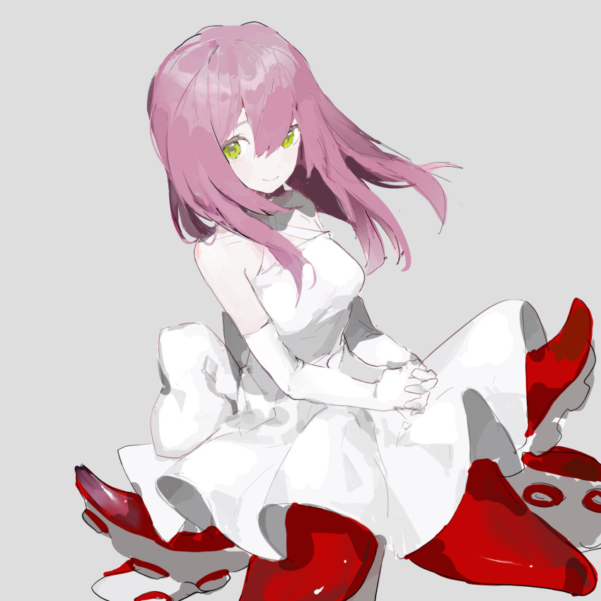 1girl back_bow bow breasts closed_mouth commentary criss-cross_halter dress elbow_gloves gloves green_eyes grey_background halter_dress halterneck highres long_hair medium_breasts monster_girl original own_hands_clasped own_hands_together pink_hair scylla simple_background smile solo tentacles vihua6 white_bow white_dress white_gloves