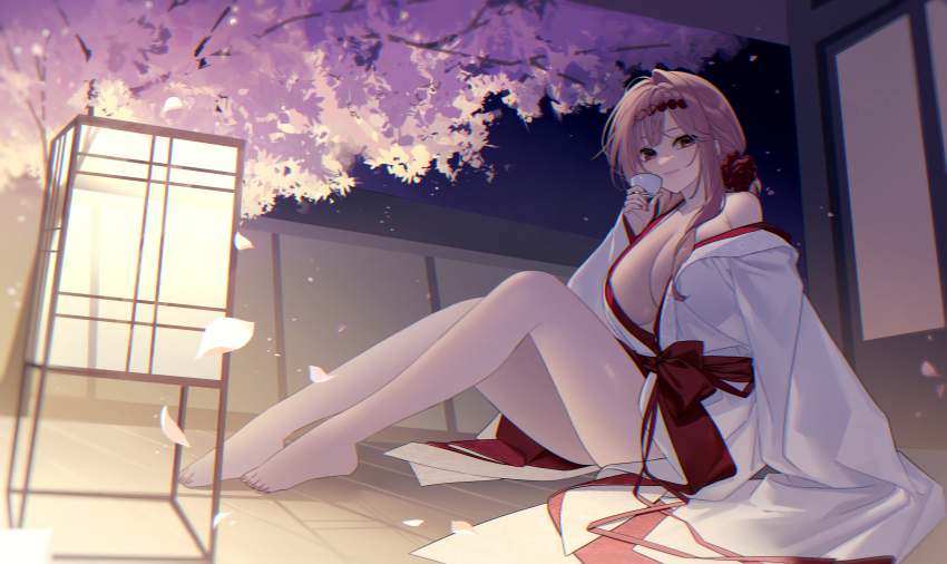 1girl absurdres barefoot breasts cherry_blossoms choko_(cup) cleavage closed_mouth commentary_request cup feet flower food fruit goddess_of_victory:_nikke grey_hair hair_flower hair_ornament highres holding holding_cup indoors japanese_clothes kimono large_breasts long_hair looking_at_viewer myao_(o3o333) night official_alternate_costume red_eyes red_flower red_hair red_rose rose scarlet_(black_shadow)_(longing_flower)_(nikke) scarlet_(nikke) sitting smile solo thighs toes very_long_hair white_kimono yukata