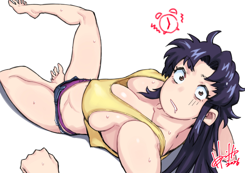 1girl 2026 alarm_clock barefoot black_hair breasts brown_eyes cleavage clock commentary_request covered_erect_nipples denim denim_shorts feet female_focus from_above highres hori_shin katsuragi_misato large_breasts long_hair looking_at_viewer messy_hair micro_shorts midriff navel neon_genesis_evangelion no_bra panties purple_panties shorts solo sweat tank_top toes underwear very_long_hair