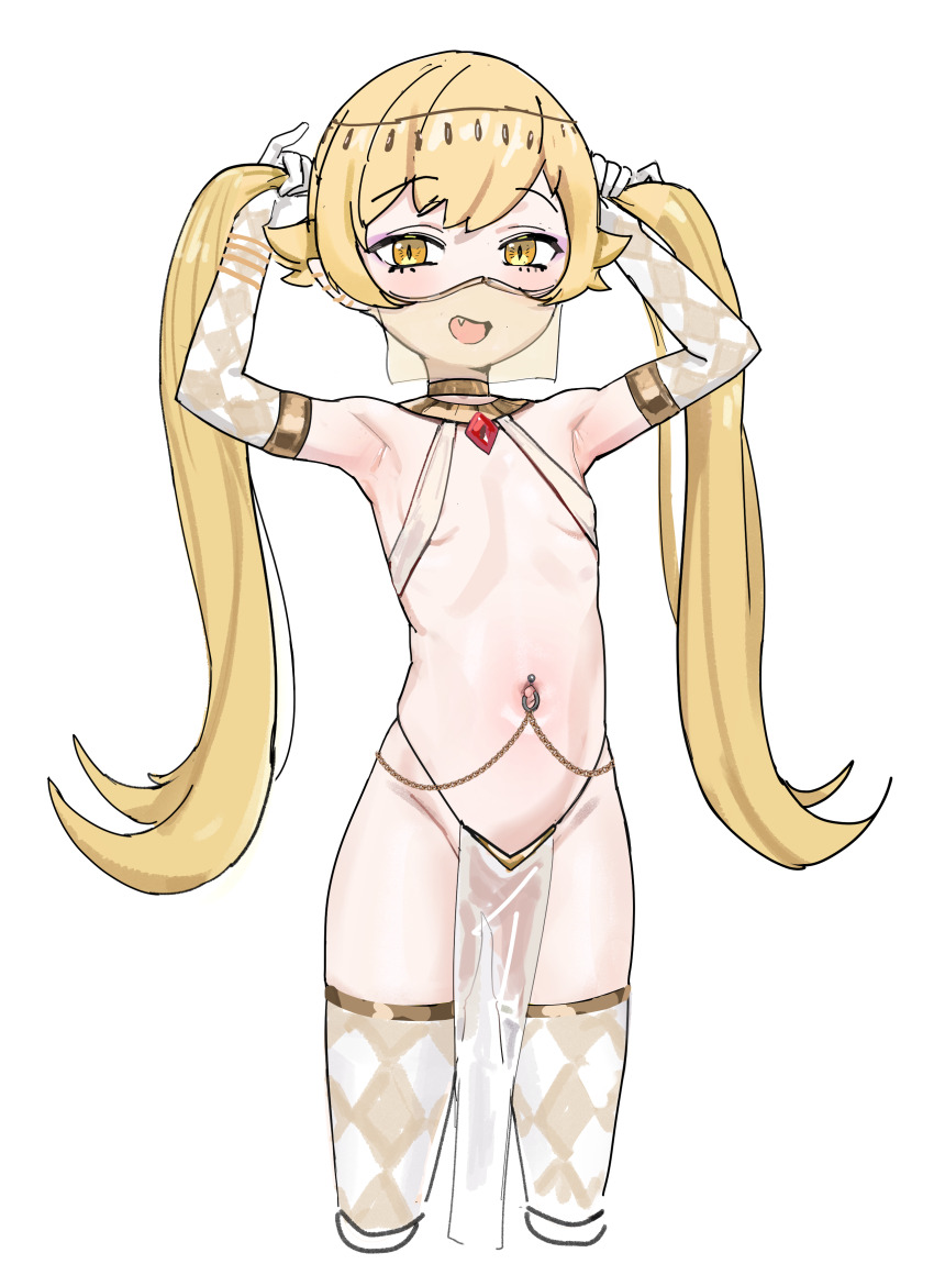 1girl absurdres armpits arms_up belly_chain blonde_hair blush bracelet breasts cinn_angl criss-cross_halter cropped_legs ear_piercing elbow_gloves fang gloves hair_flaps halterneck happy harem_outfit highres holding holding_own_hair jewelry loli long_hair makeup monogatari_(series) mouth_veil navel_piercing open_mouth oshino_shinobu pelvic_curtain piercing pinky_out pointy_ears revealing_clothes see-through_clothes small_breasts solo standing thighhighs twintails veil very_long_hair white_background yellow_eyes
